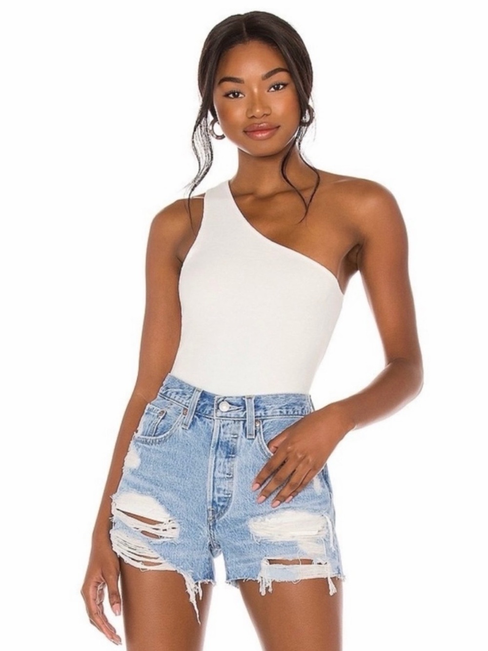 superdown Devonne White One-Shoulder Asymmetric Thong Bodysuit Women’s Small